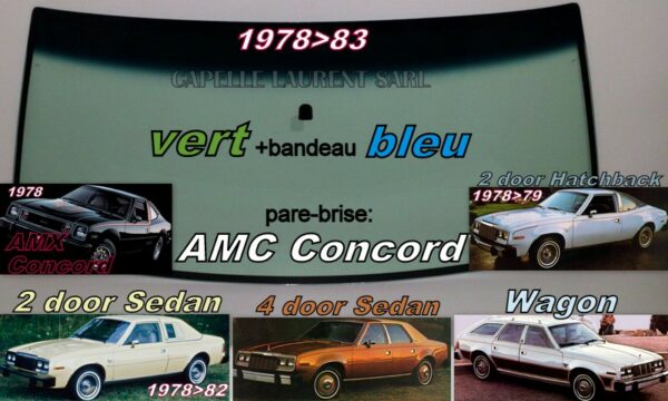 Pare-brise teinté vert +bandeau bleu AMC CONCORD 2/4D/SW - 1978/83