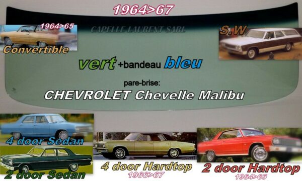 Pare-brise teinté vert +bandeau bleu CHEVROLET CHEVELLE MALIBU 2/4D SEDAN - 2/4D HARDTOP/SW/CAB - 1964/67