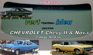 Pare-brise teinté vert +bandeau bleu CHEVROLET CHEVY 2 / NOVA 2D - 1968/72