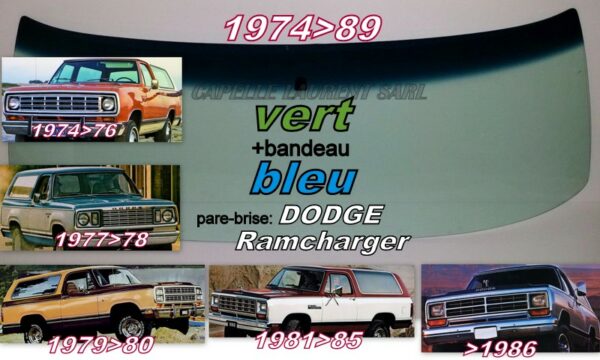 Pare-brise teinté vert +bandeau bleu DODGE RAMCHARGER - 1974/89