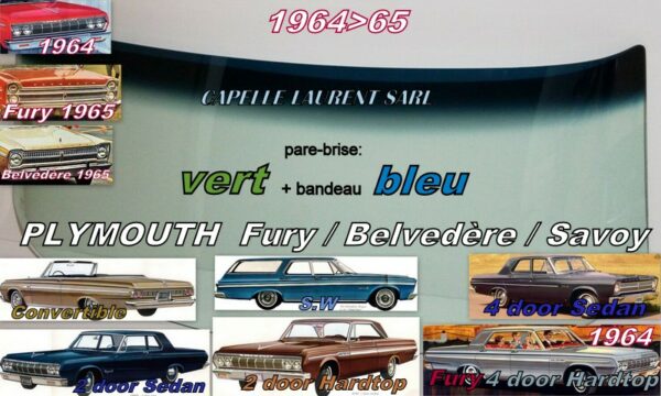 Pare-brise teinté vert +bandeau bleu PLYMOUTH FURY/BELVEDERE/SATELLITE/SAVOY - 1964/65