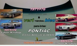 Pare-brise teinté vert +bandeau bleu PONTIAC CATALINA/BONNEVILLE/GD VILLE 2/4 D HARDTOP - 1971/76 +antenne