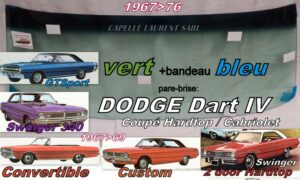 Pare-brise teinté vert +bandeau bleu DODGE DART 4 2D HARDTOP(1967/76) CABRIOLET(1967/69)