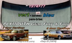 Pare-brise teinté vert +bandeau bleu PLYMOUTH GRAN FURY 2/4D COUPE HT - 1974/77