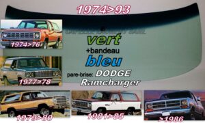 Pare-brise teinté vert +bandeau bleu DODGE RAMCHARGER - 1974/93